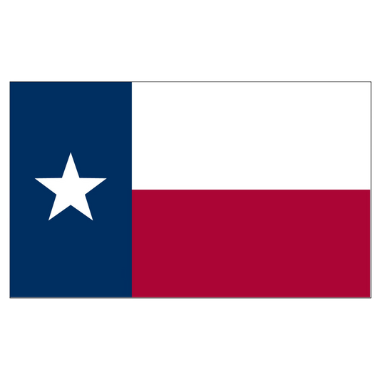 State of Texas Lone Star flag featuring the vertical blue panel with a white star alongside horizontal white and red stripes