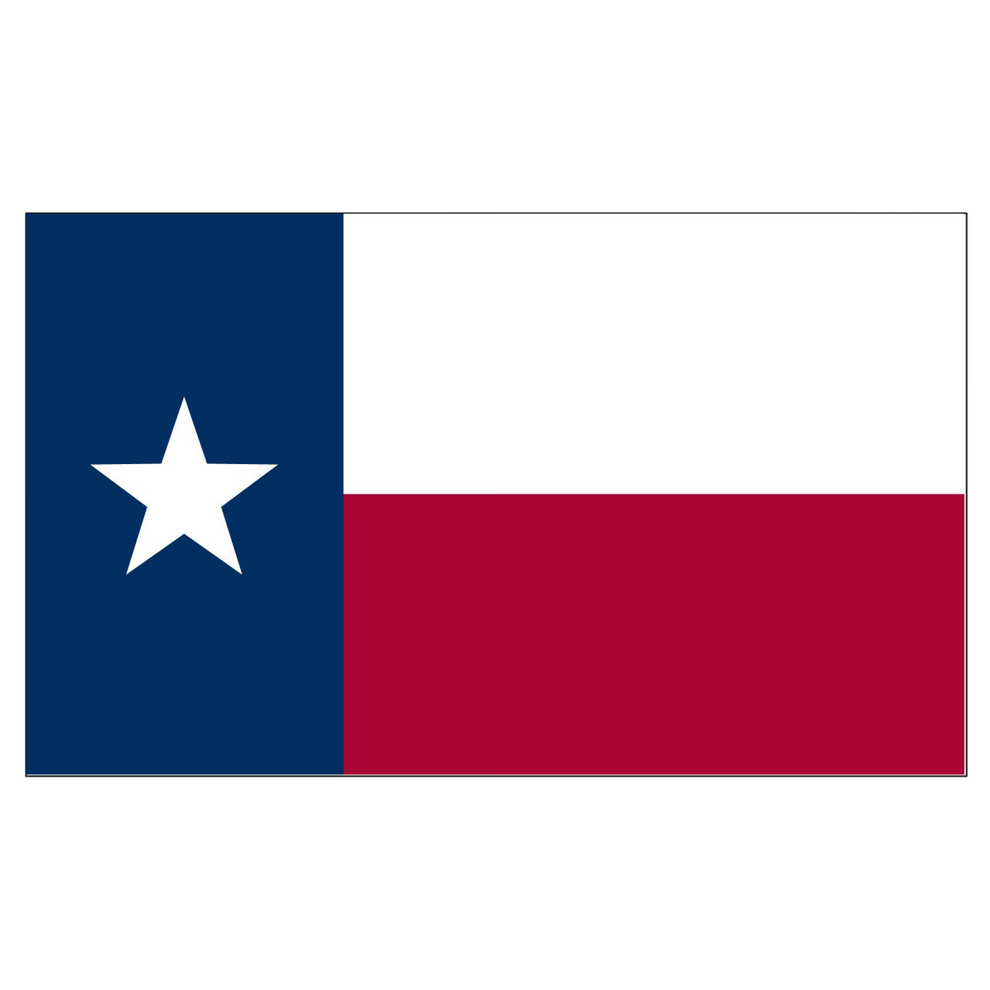 State of Texas Lone Star flag featuring the vertical blue panel with a white star alongside horizontal white and red stripes