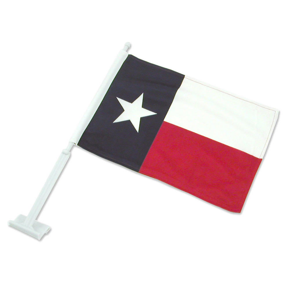 Texas flag with a white star on a blue and red background, attached to a white pole.