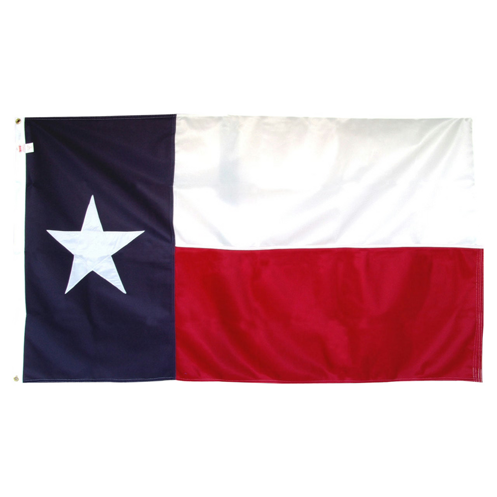 State of Texas Lone Star flag featuring the vertical blue panel with a white star alongside horizontal white and red stripes