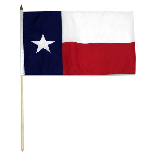 State of Texas Lone Star stick flag featuring the vertical blue panel with a white star alongside horizontal white and red stripes