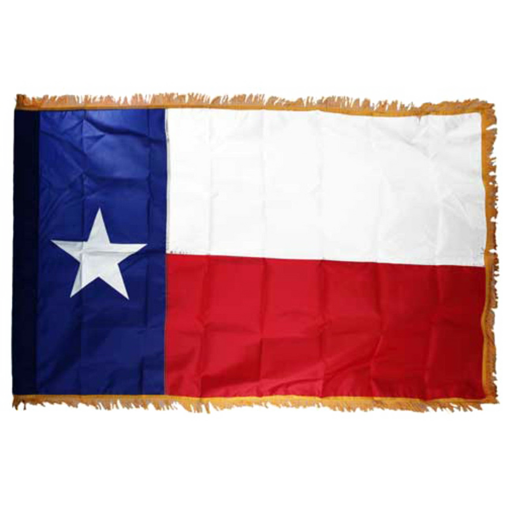 State of Texas Lone Star flag featuring the vertical blue panel with a white star alongside horizontal white and red stripes.  Flag has fringes on edges.