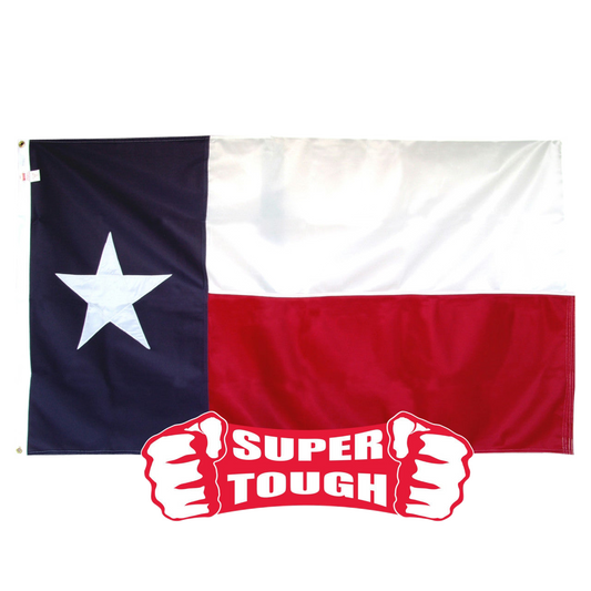 Texas flag with 'Super Tough' logo on a white background