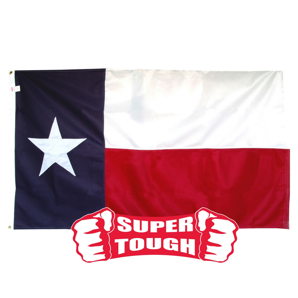 Texas flag with 'Super Tough' logo on a white background