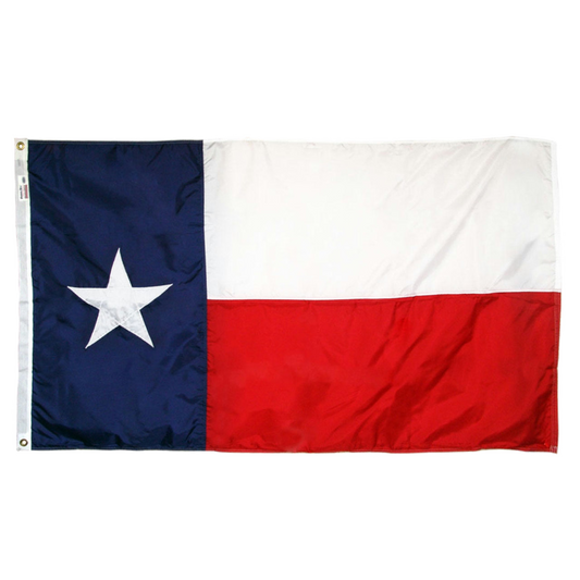 Texas state flag with a white star on a navy blue vertical stripe, next to a white stripe, with a red stripe below the white stripe, shown flat against a white background.