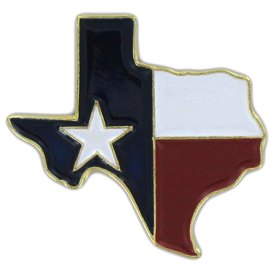 Texas flag shaped like the state lapel pin on a white background