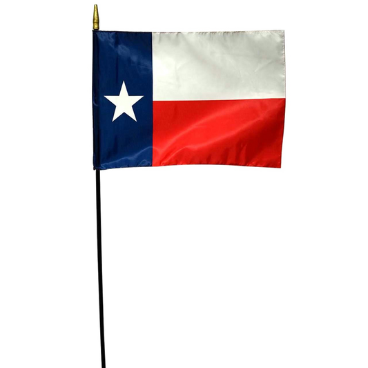 State of Texas Lone Star stick flag featuring the vertical blue panel with a white star alongside horizontal white and red stripes