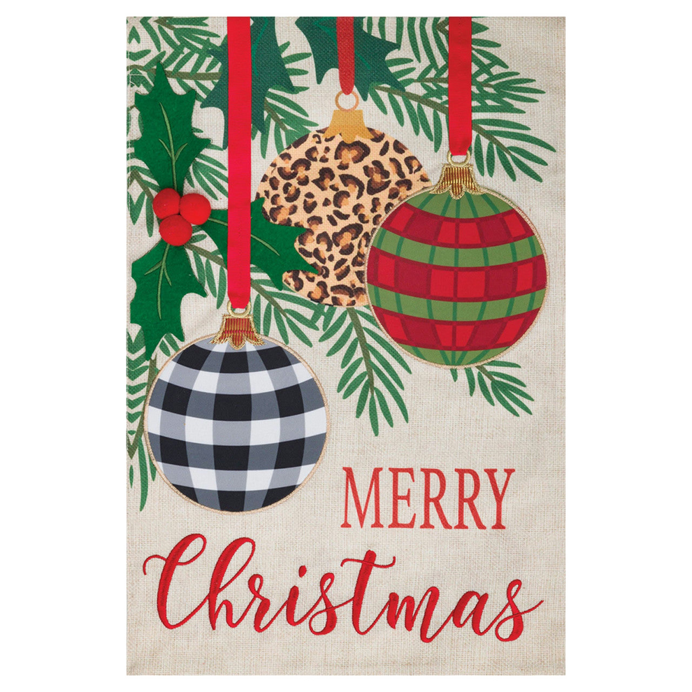 Decorative Christmas-themed flag with ornaments and 'Merry Christmas' text on a white background