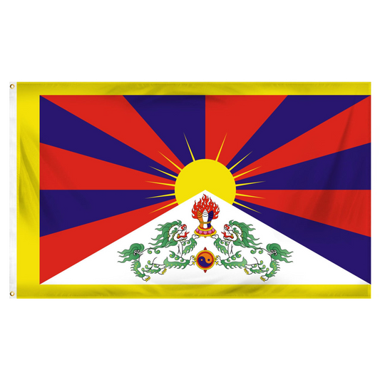 Flag with red and blue design featuring a sun and dragons on a white background
