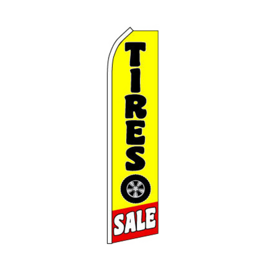 Yellow feather flag with 'TIRES SALE' text and tire graphic on a white background