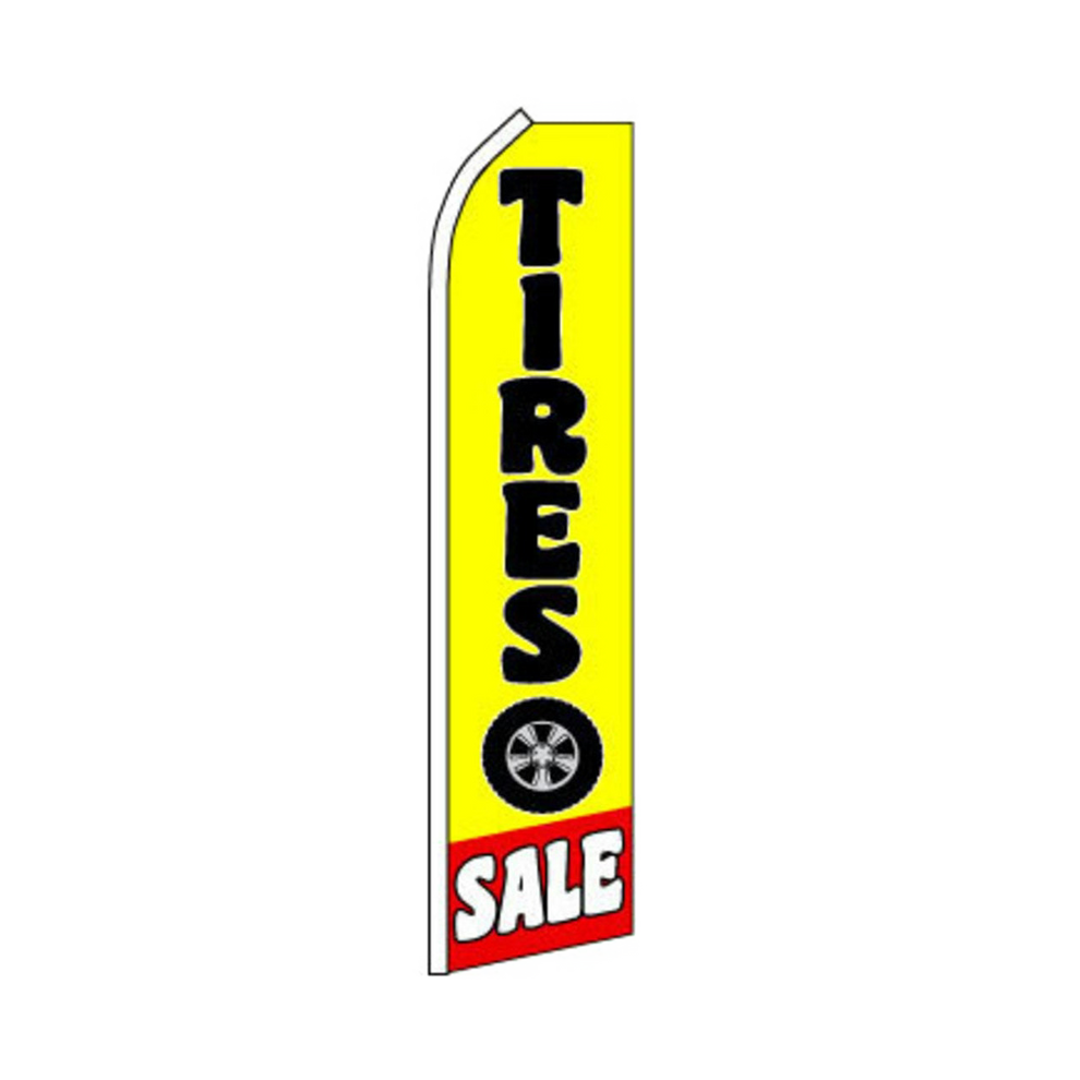 Yellow feather flag with 'TIRES SALE' text and tire graphic on a white background