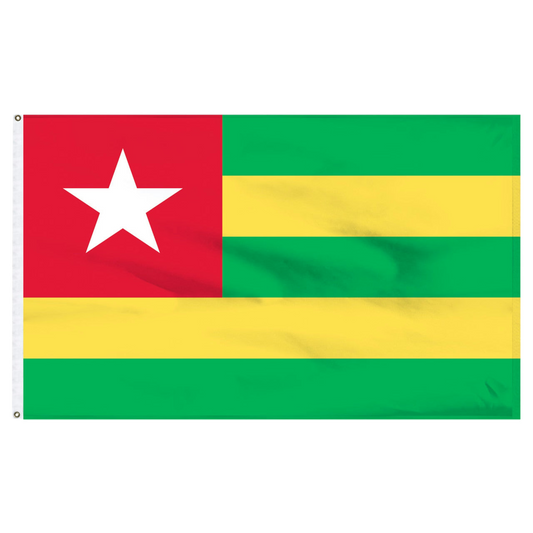 Togo flag with red, green, and yellow horizontal stripes and a white star on a white background