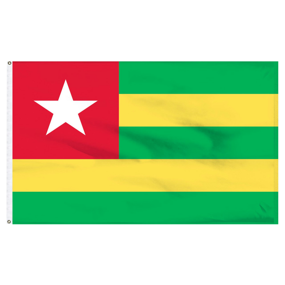 Flag with red, green, and yellow horizontal stripes and a white star on a white background