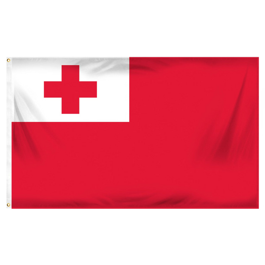 Red flag of Tonga with a red cross in a white rectangular block in the upper left.