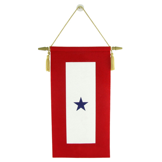 Military service red banner with a blue star on a white background, hanging from a gold hook.