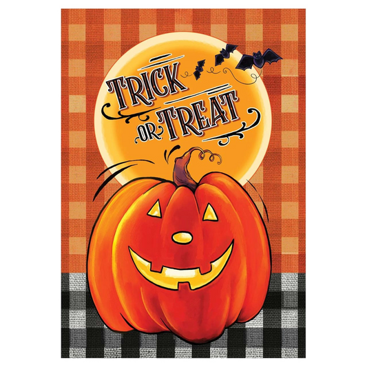 Halloween-themed decorative banner with a jack-o'-lantern and 'Trick or Treat' text on an orange and black checkered background.