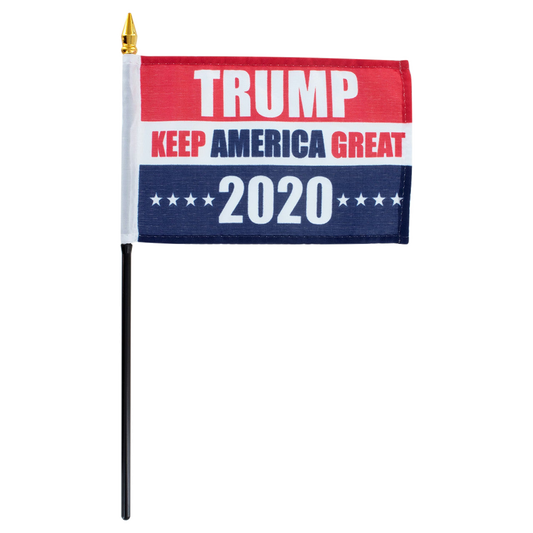 Small flag with 'TRUMP KEEP AMERICA GREAT 2020' text on a white background