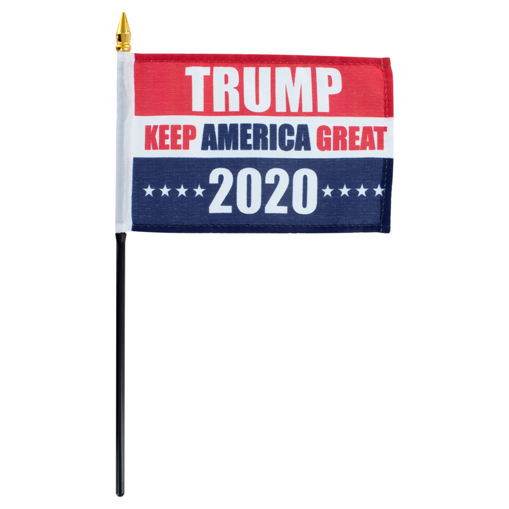 Small flag with 'TRUMP KEEP AMERICA GREAT 2020' text on a white background