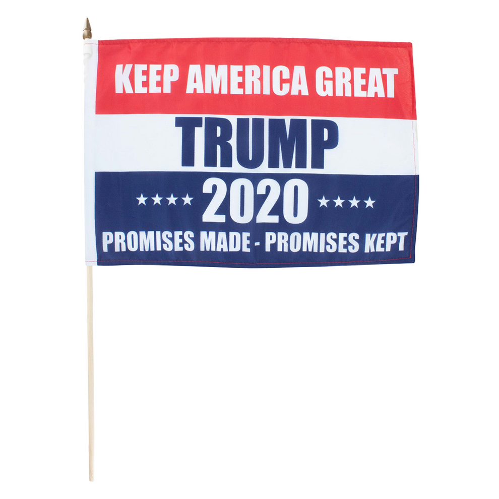 Flag with 'Keep America Great, Trump 2020, Promises Made, Promises Kept' text on a white background
