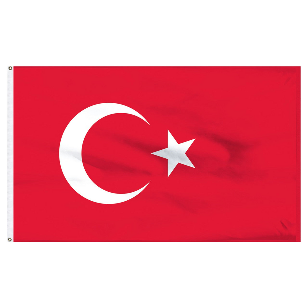 Flag of Turkey with a white crescent moon and star on a red background