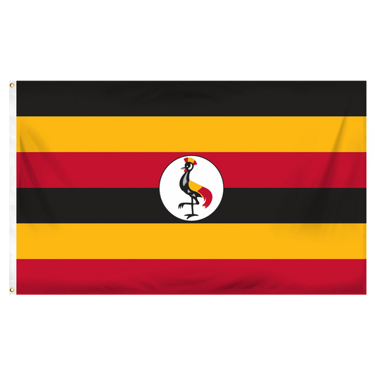 Uganda flag with black, yellow, and red stripes featuring a central emblem on a white background
