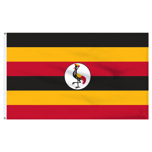 Ugandan flag with black, yellow, and red stripes featuring a central emblem on a white background