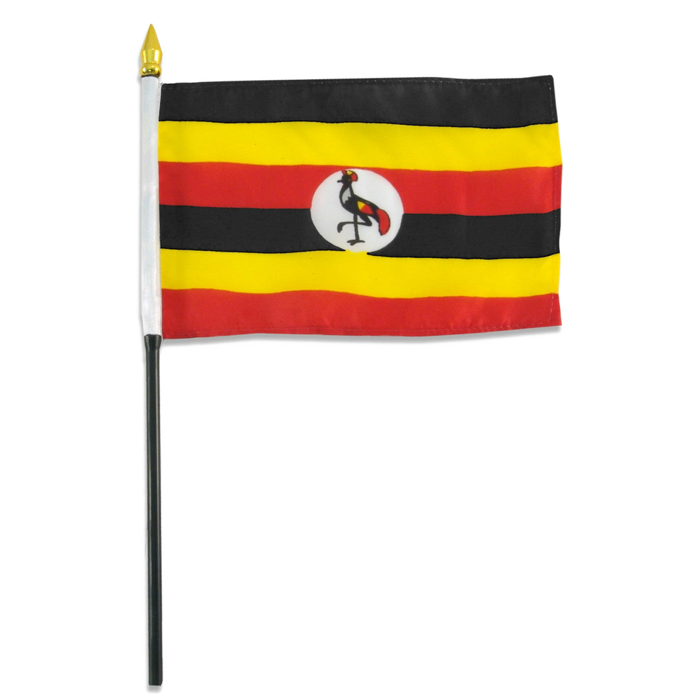 Flag of Uganda with black, yellow, and red stripes on a white background