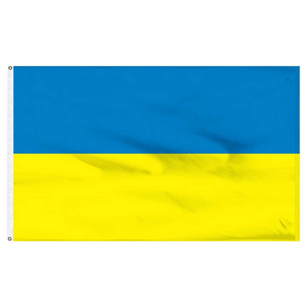 Ukrainian flag with blue and yellow horizontal stripes on a white background