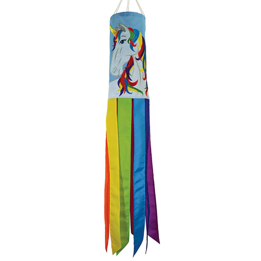 Colorful windsock with a unicorn design on a white background