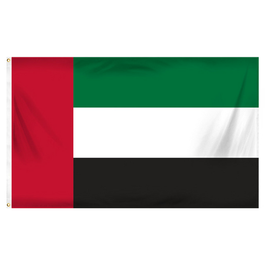United Arab Emirates flag with red, green, white, and black horizontal stripes on a white background