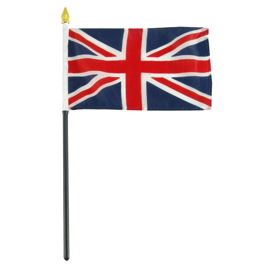 A small United Kingdom flag with a black stick and gold finial, isolated on a white background.