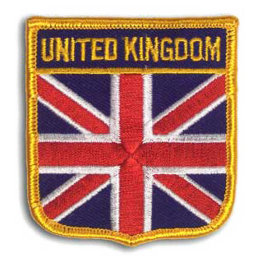 Patch with 'United Kingdom' text and Union Jack design on a white background