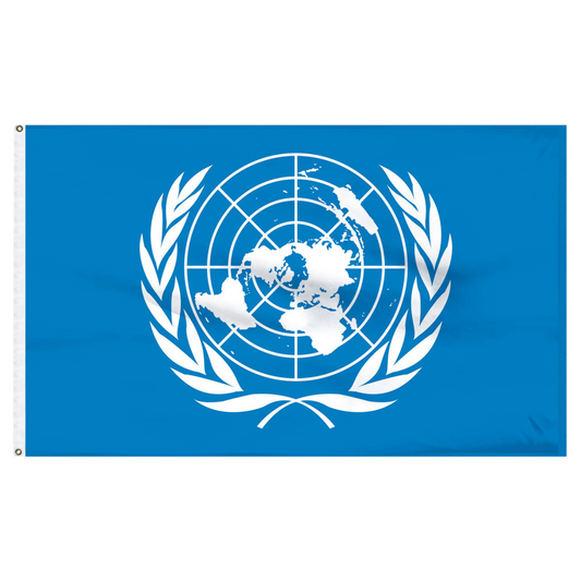 United Nations flag with a white emblem featuring a globe and leaves on a blue background