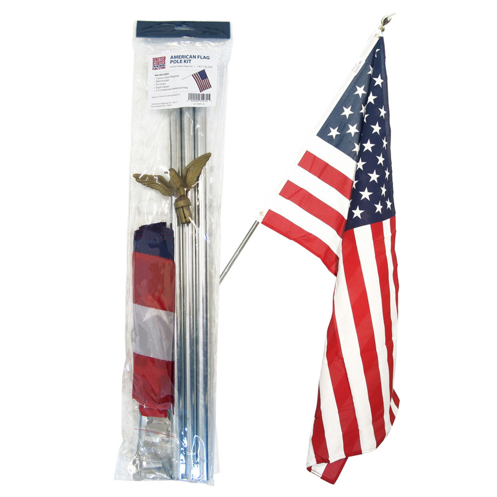 American flag and flagpole kit with packaging on a white background