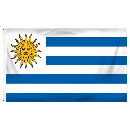 Flag of Uruguay with a yellow sun and blue horizontal stripes on a white background