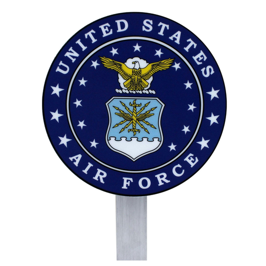 U.S. Air Force grave marker with the Air Force emblem on a blue circular sign.
