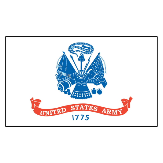 Flag of the United States Army with blue emblem and red banner on white background