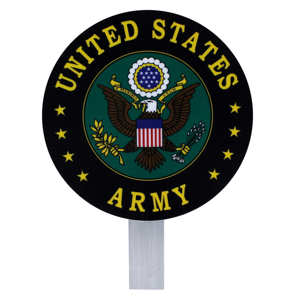 A grave flag holder with a circular United States Army emblem sign mounted on a silver metal stake