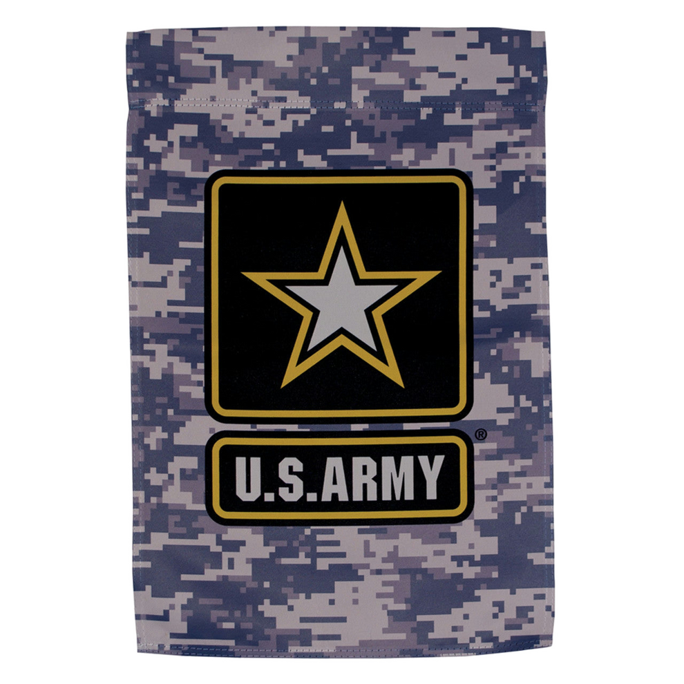 U.S. Army garden flag with a star logo and camouflage background.