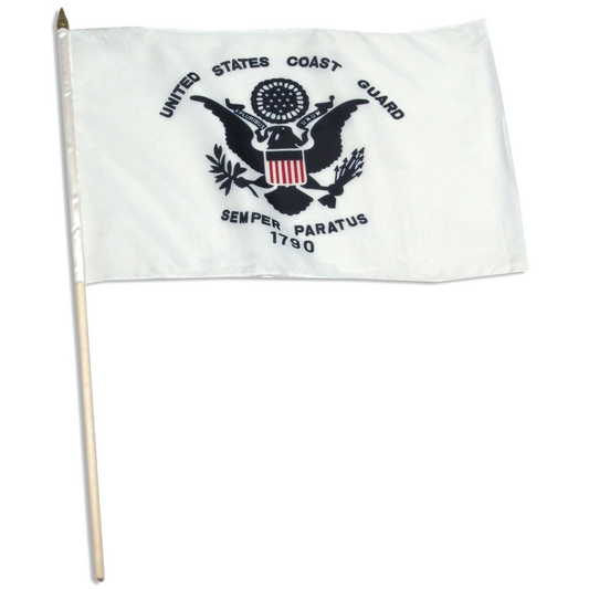 A rectangular white flag with the United States Coast Guard emblem in blue and red, and the text 'Semper Paratus 1790' at the top.