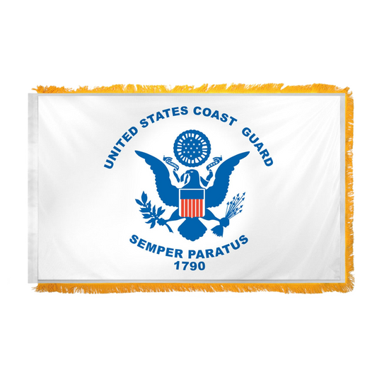 United States Coast Guard flag with emblem and text on a white background