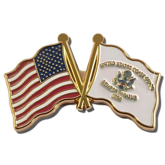 Lapel pin of the United States Coast Guard insignia with eagle and an American flag