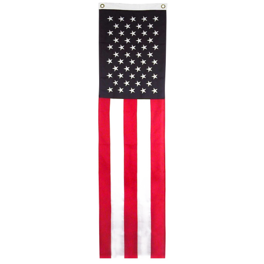 A vertical American flag banner with a white header and metal grommets at the top, shown against a plain white background.