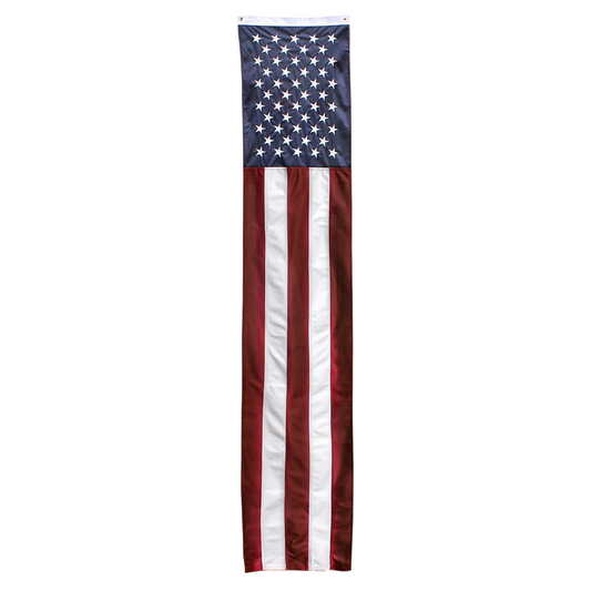 A vertical American flag banner or pennant with a white header strip and grommets at the top, shown against a plain white background.