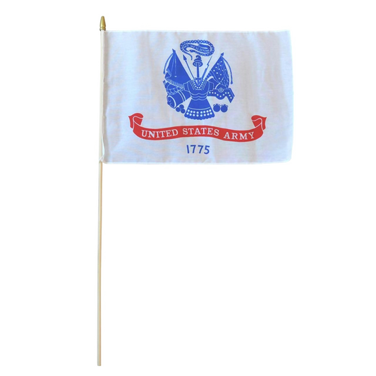 A small United States Army hand flag on a wooden stick, featuring the blue Army emblem, a red banner reading 'UNITED STATES ARMY,' and '1775' printed below on a white background.