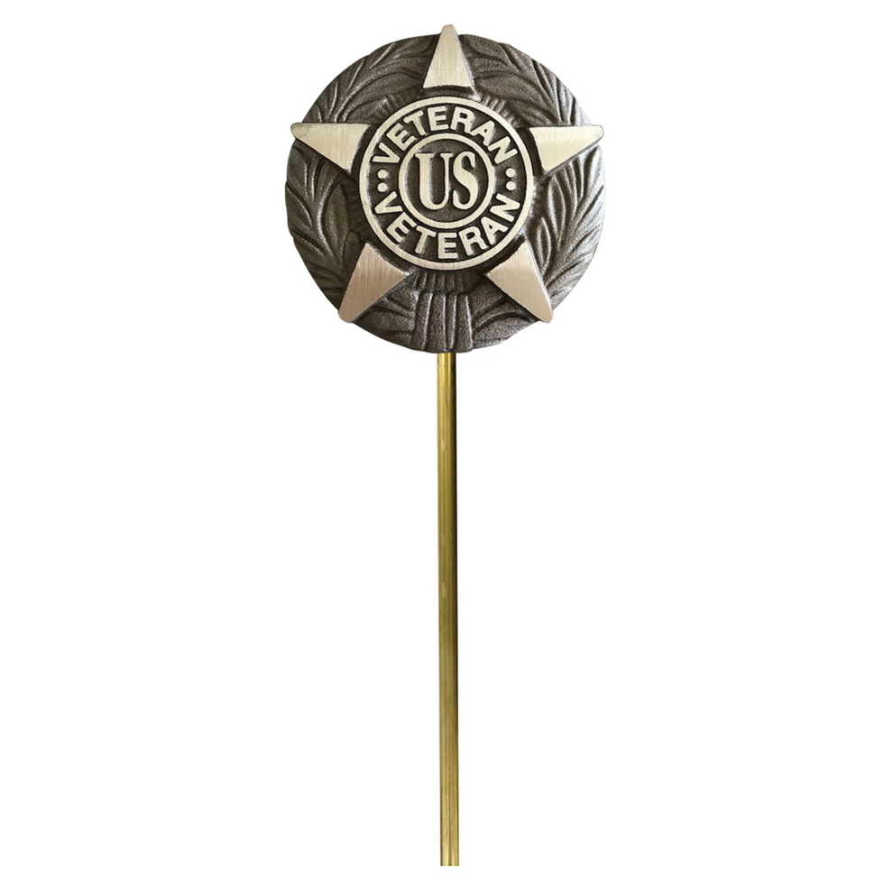 Decorative stake with 'Veteran US' emblem on a white background