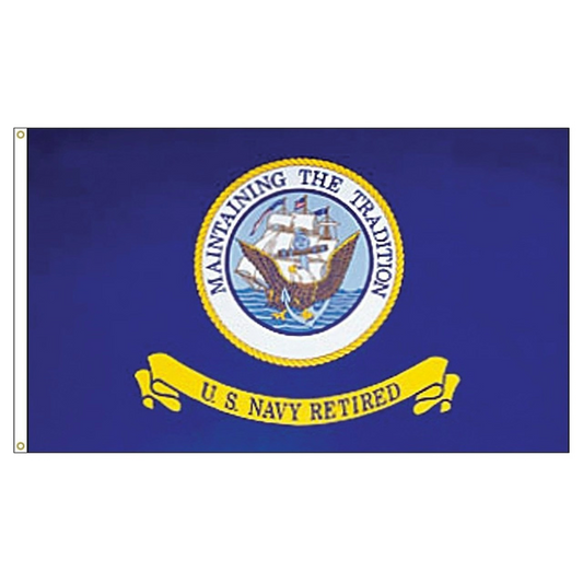 U.S. Navy retired flag with emblem and text on a blue background