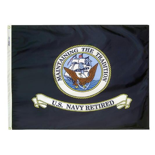 U.S. Navy retired flag with emblem and text on a dark blue background