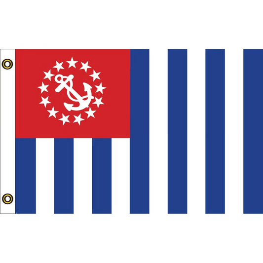 US Power Squadron flag with red square featuring white anchor and stars, surrounded by blue stripes on a white background