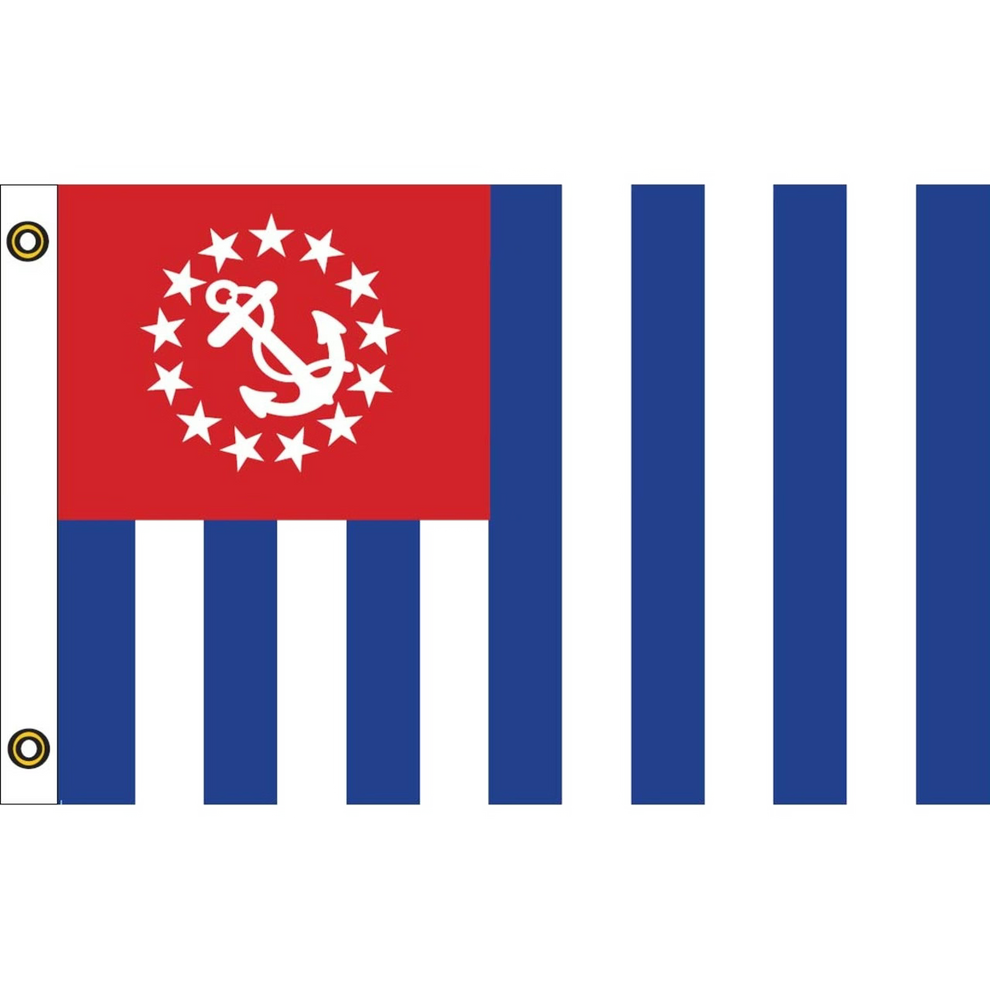 US Power Squadron flag with red square featuring white anchor and stars, surrounded by blue stripes on a white background